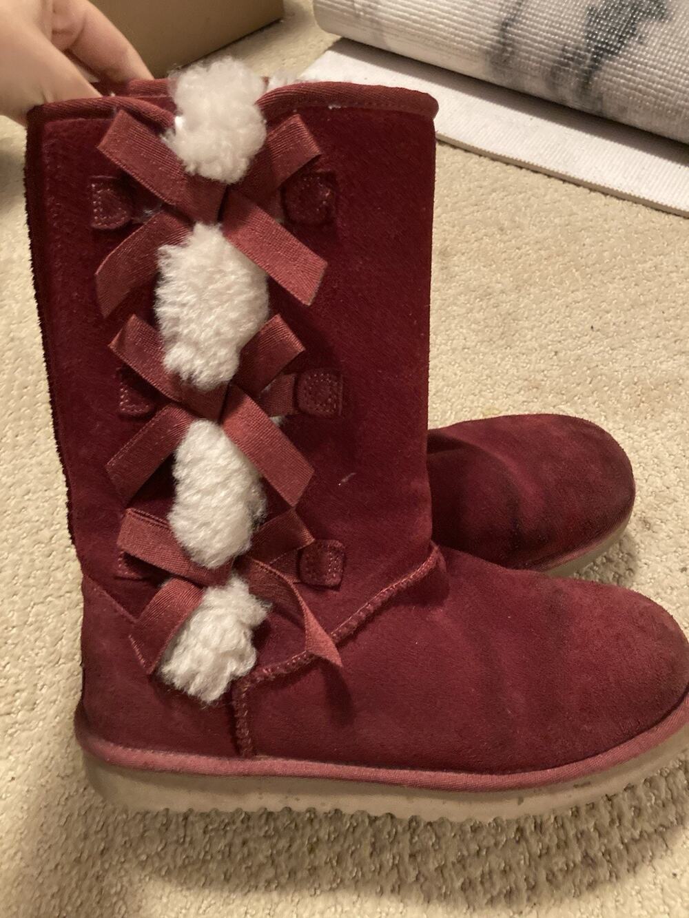 Koolaburra Style 1015 Burgundy Red Suede Faux Fur Lined Bow Knee High Boot 9